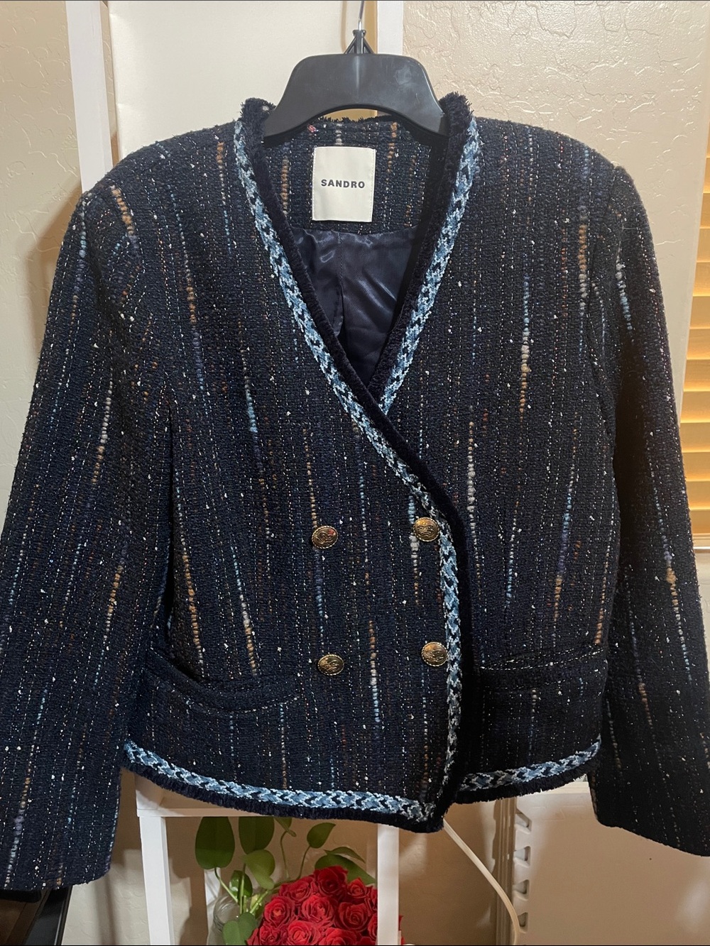 Sandro Navy Tweed Double-Breasted Blazer with Light Blue Braided Trim